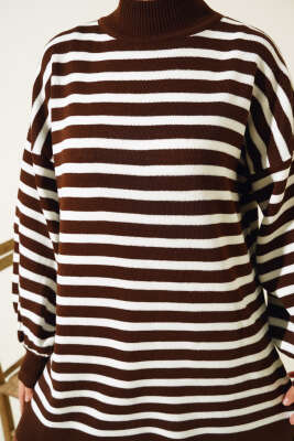 Balon Kol Çizgili Triko Tunik Kahve - Triko Tunik