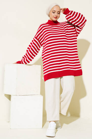 Balon Kol Çizgili Triko Tunik Kırmızı - Spor Tunik