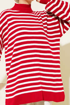 Balon Kol Çizgili Triko Tunik Kırmızı - Triko Tunik