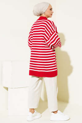 Balon Kol Çizgili Triko Tunik Kırmızı - Triko Tunik