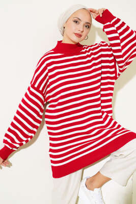 Balon Kol Çizgili Triko Tunik Kırmızı - Triko Tunik