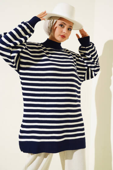 Balon Kol Çizgili Triko Tunik Lacivert - Spor Tunik