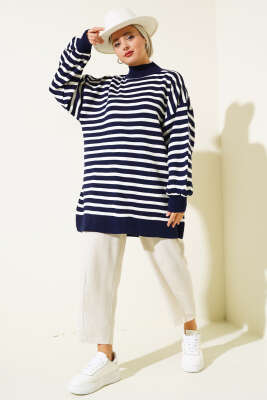 Balon Kol Çizgili Triko Tunik Lacivert - Triko Tunik