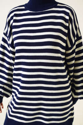 Balon Kol Çizgili Triko Tunik Lacivert - Triko Tunik