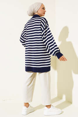 Balon Kol Çizgili Triko Tunik Lacivert - Triko Tunik