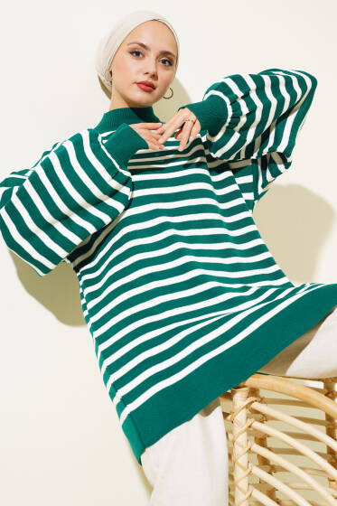 Balon Kol Çizgili Triko Tunik Nefti - Spor Tunik