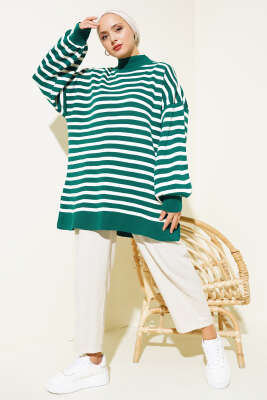 Balon Kol Çizgili Triko Tunik Nefti - Tunik