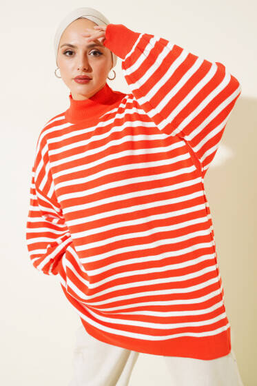 Balon Kol Çizgili Triko Tunik Oranj - Spor Tunik