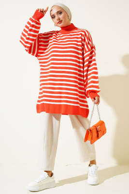 Balon Kol Çizgili Triko Tunik Oranj - Triko Tunik