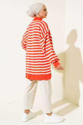 Balon Kol Çizgili Triko Tunik Oranj - Triko Tunik