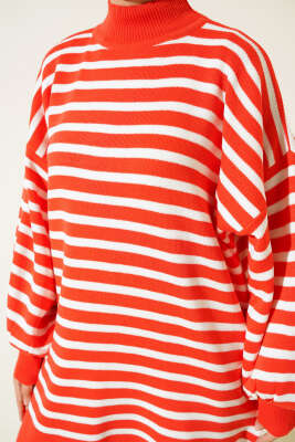 Balon Kol Çizgili Triko Tunik Oranj - Triko Tunik