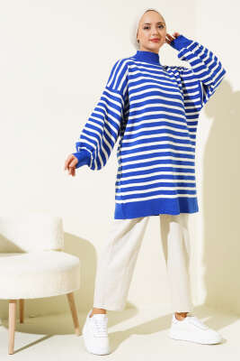 Balon Kol Çizgili Triko Tunik Saks - Triko Tunik