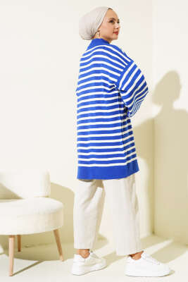 Balon Kol Çizgili Triko Tunik Saks - Triko Tunik