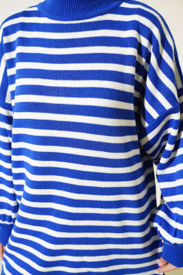 Balon Kol Çizgili Triko Tunik Saks - Triko Tunik