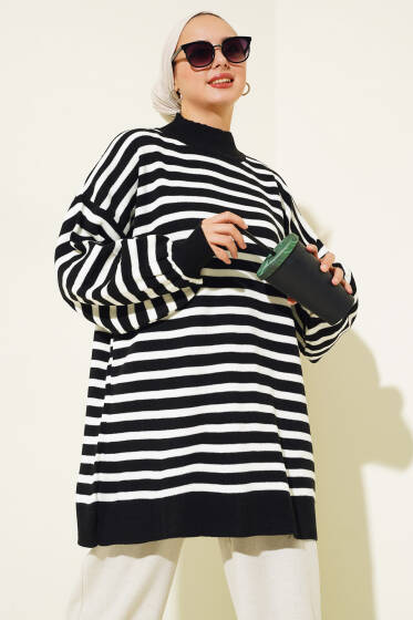 Balon Kol Çizgili Triko Tunik Siyah - Spor Tunik