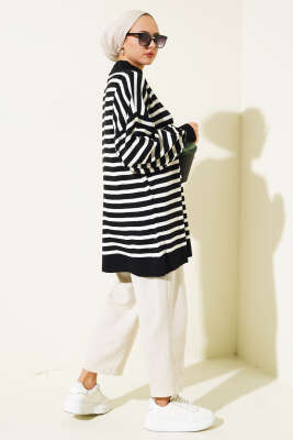 Balon Kol Çizgili Triko Tunik Siyah - Triko Tunik