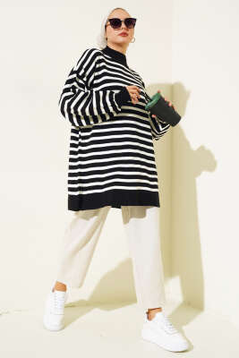 Balon Kol Çizgili Triko Tunik Siyah - Triko Tunik
