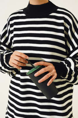 Balon Kol Çizgili Triko Tunik Siyah - Triko Tunik