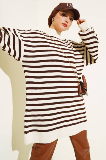 Balon Kol Çizgili Triko Tunik Taş - Spor Tunik