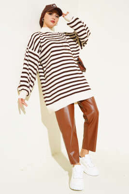 Balon Kol Çizgili Triko Tunik Taş - Triko Tunik