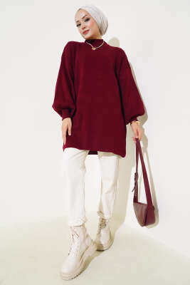 Balon Kol Dik Yaka Triko Tunik Bordo - Triko Tunik