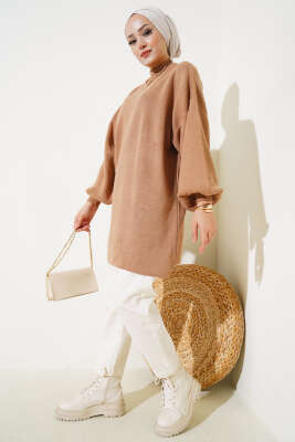 Balon Kol Dik Yaka Triko Tunik Büsküvi - Triko Tunik