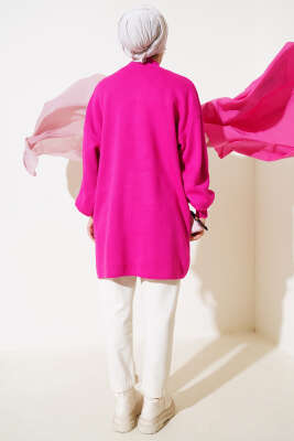 Balon Kol Dik Yaka Triko Tunik Fuşya - Triko Tunik