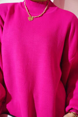 Balon Kol Dik Yaka Triko Tunik Fuşya - Triko Tunik