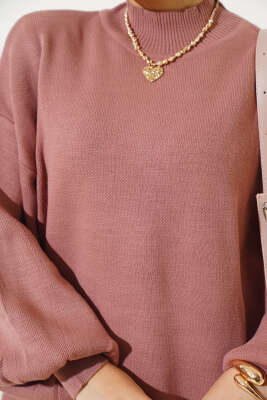 Balon Kol Dik Yaka Triko Tunik Gül Kurusu - Triko Tunik