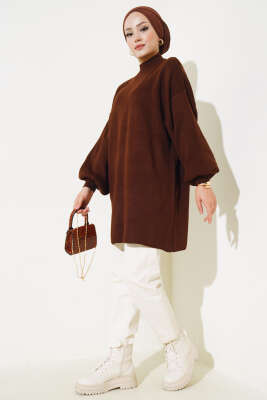 Balon Kol Dik Yaka Triko Tunik Kahve - Triko Tunik