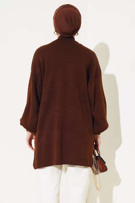 Balon Kol Dik Yaka Triko Tunik Kahve - Triko Tunik