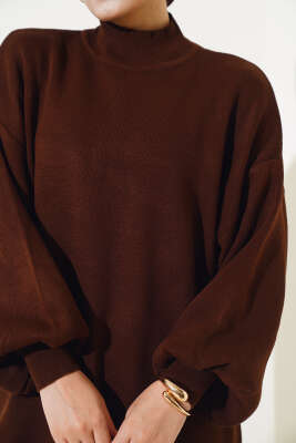 Balon Kol Dik Yaka Triko Tunik Kahve - Triko Tunik