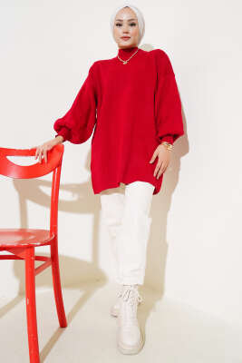 Balon Kol Dik Yaka Triko Tunik Kırmızı - Triko Tunik