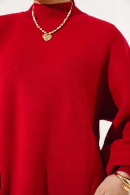 Balon Kol Dik Yaka Triko Tunik Kırmızı - Triko Tunik