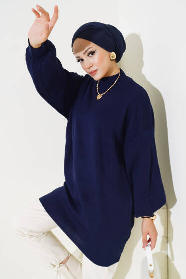 Balon Kol Dik Yaka Triko Tunik Lacivert - Spor Tunik