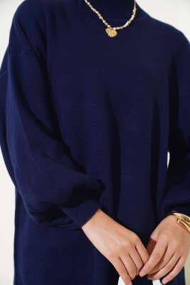 Balon Kol Dik Yaka Triko Tunik Lacivert - Triko Tunik