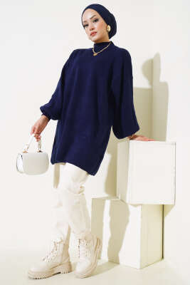 Balon Kol Dik Yaka Triko Tunik Lacivert - Triko Tunik