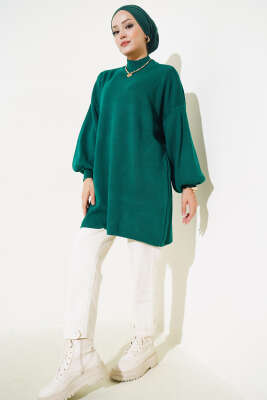 Balon Kol Dik Yaka Triko Tunik Nefti - Triko Tunik