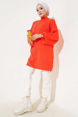 Balon Kol Dik Yaka Triko Tunik Oranj - Triko Tunik