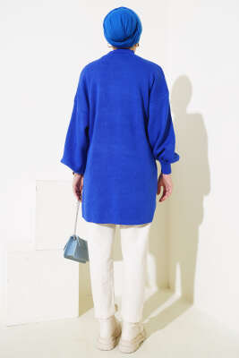 Balon Kol Dik Yaka Triko Tunik Saks - Triko Tunik