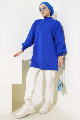 Balon Kol Dik Yaka Triko Tunik Saks - Triko Tunik