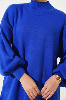 Balon Kol Dik Yaka Triko Tunik Saks - Triko Tunik