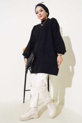 Balon Kol Dik Yaka Triko Tunik Siyah - Triko Tunik