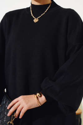 Balon Kol Dik Yaka Triko Tunik Siyah - Triko Tunik