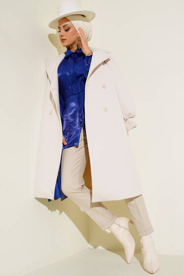 Balon Kol Düğmeli Kaşe Kaban Ekru - Kaban