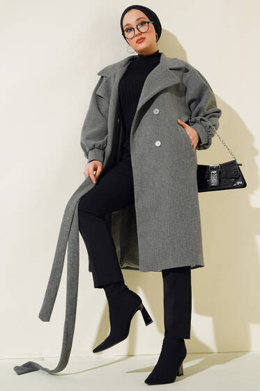 Balon Kol Düğmeli Kaşe Kaban Füme - Kaban