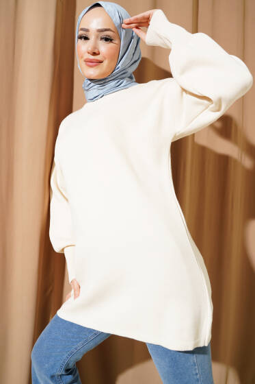 Balon Kol Düz Triko Tunik Bej - Triko