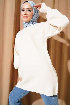 Balon Kol Düz Triko Tunik Bej 