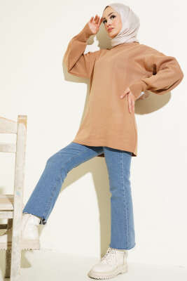 Balon Kol Düz Triko Tunik Bisküvi - Triko Tunik