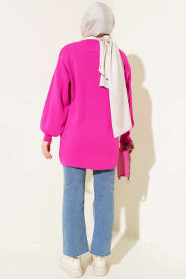 Balon Kol Düz Triko Tunik Fuşya - Triko Tunik